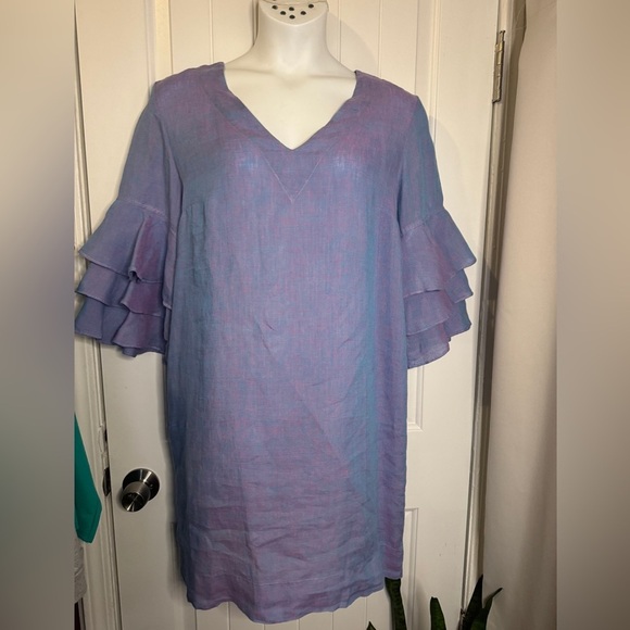 Finley Blue Linen Ruffle Sleeve Shift Dress Size Large - Picture 2 of 7